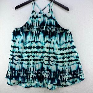 Decree Blouse Women Sz L 2 layers Blue Black Teal and White tie die halter
